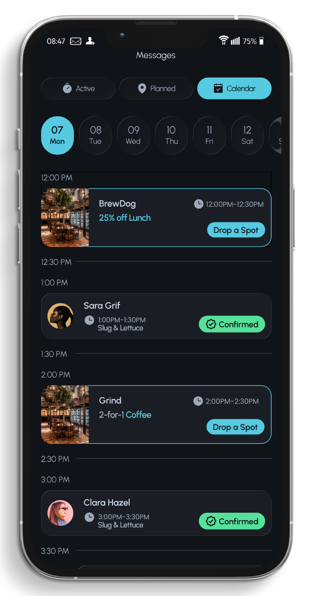Calendar screen showing confirmed dates and venue offers through the day
